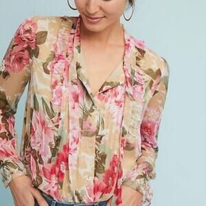 Ranna Gill Eden Cottage Core Floral Rose Sheer Sequin Button Up Tie Blouse Sz Sm